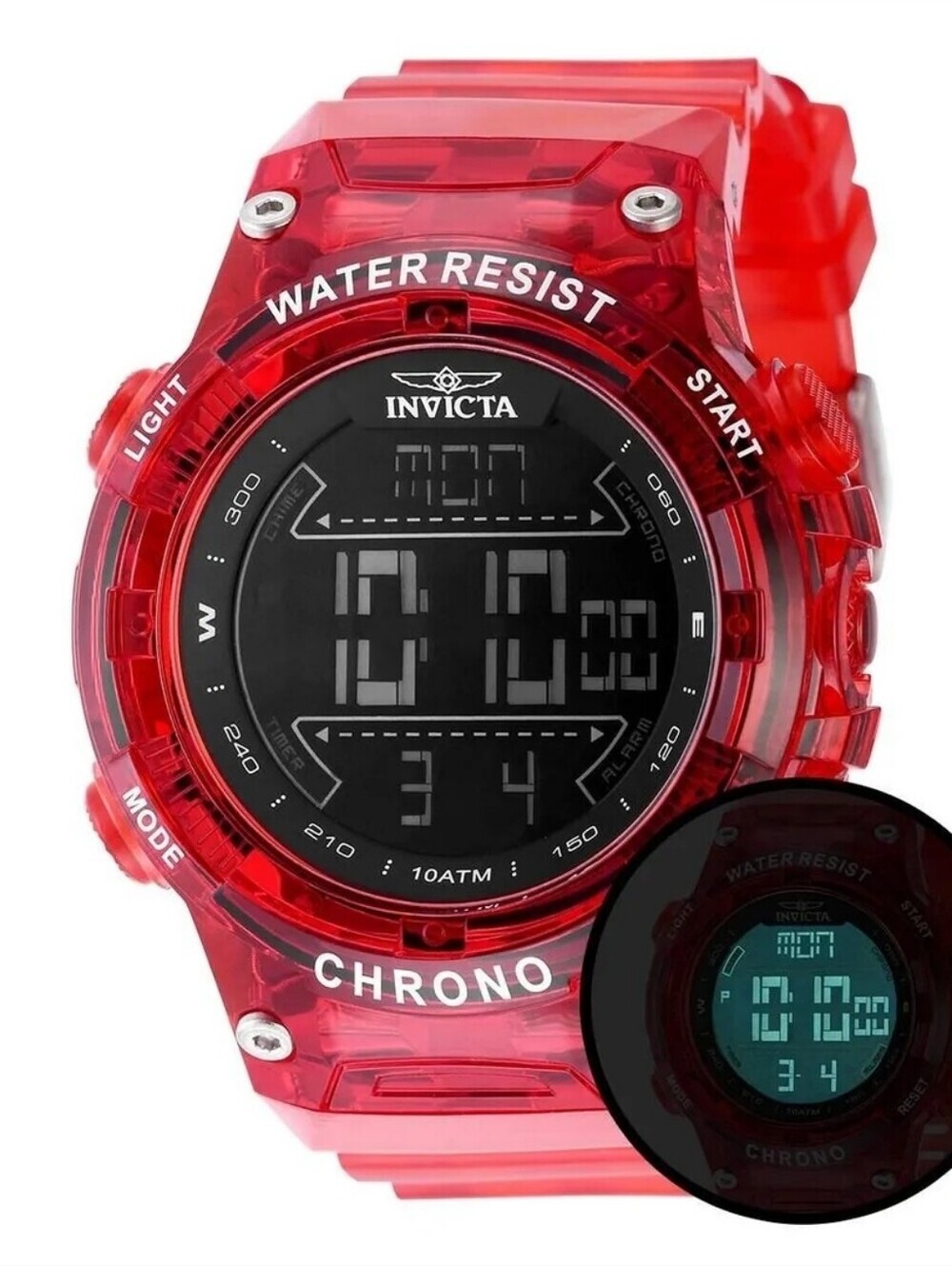 NWT Invicta Racing Burnout Digital Men's Sports Watch 52mm Transparent Red 49045